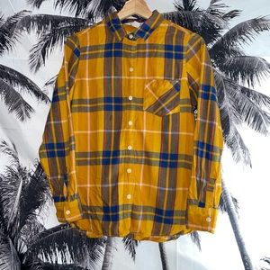 Old Navy Yellow Blue Plaid Button Up Flannel Womens Shirt Top Size M
